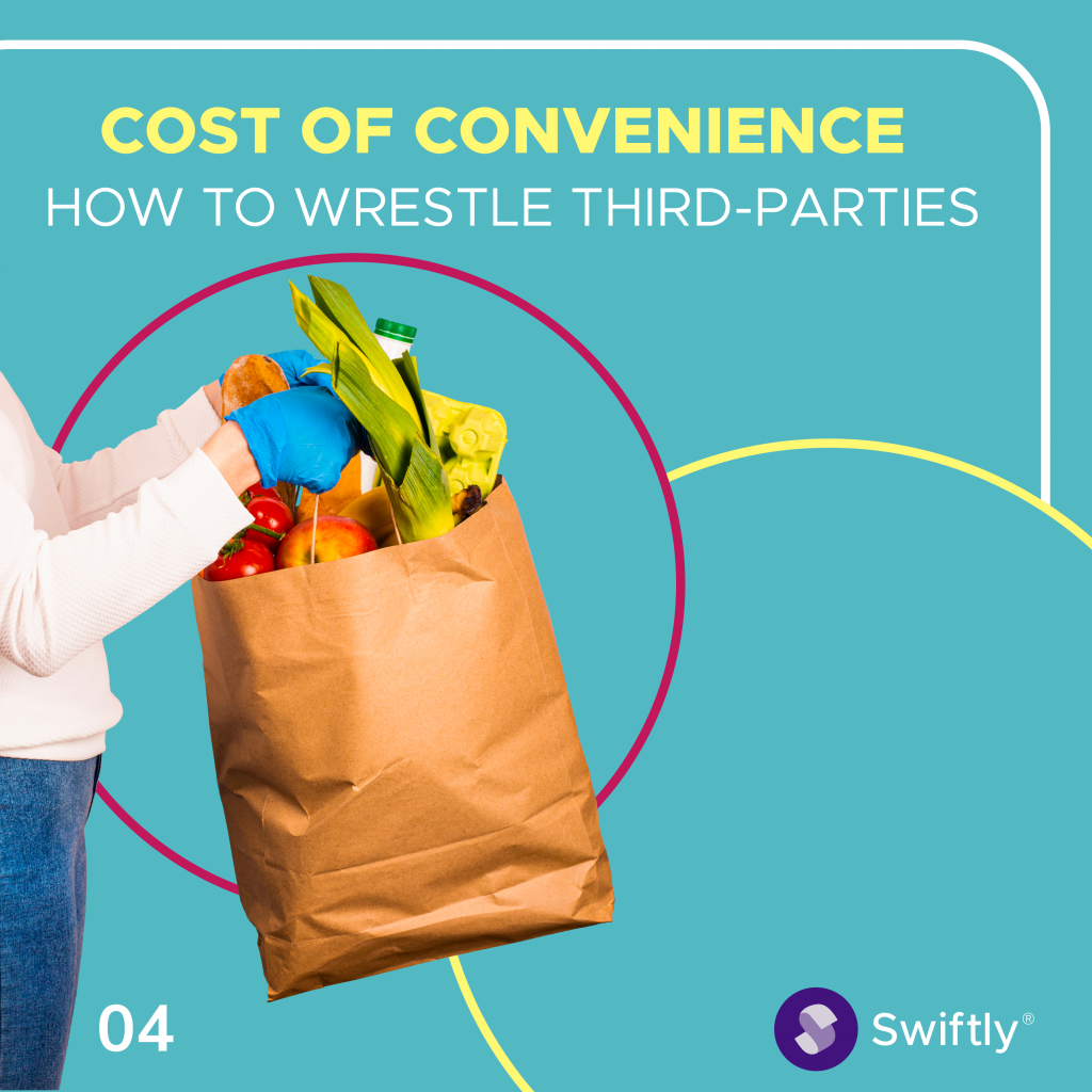 Swiftly 'Cost of Convenience: How to Wrestle Third-Parties' graphic with a grocery bag of produce